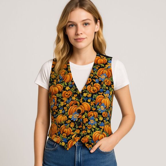VINTAGE Basic Editions Halloween Vest Womens SZ L Pumpkins Jack O Lantern Bears - Picture 1 of 11